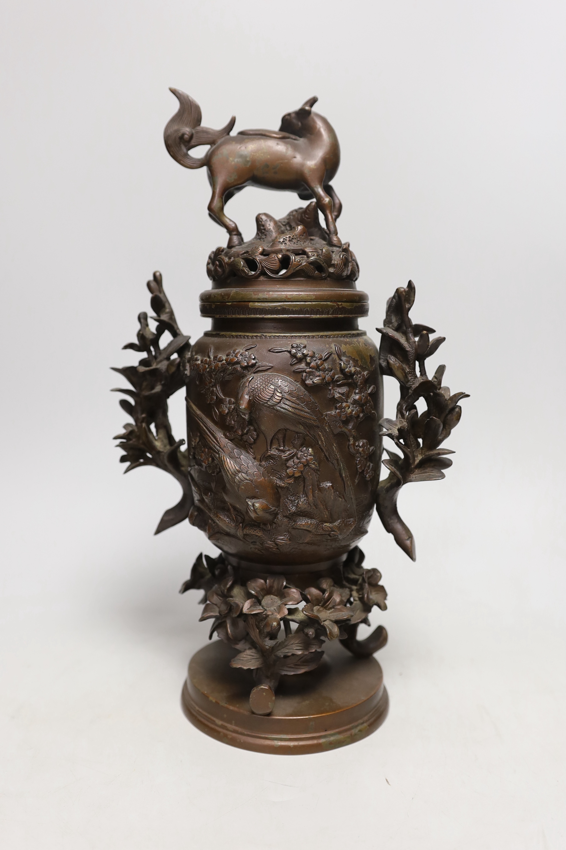 A Japanese Meiji period bronze koro and cover, 36cm